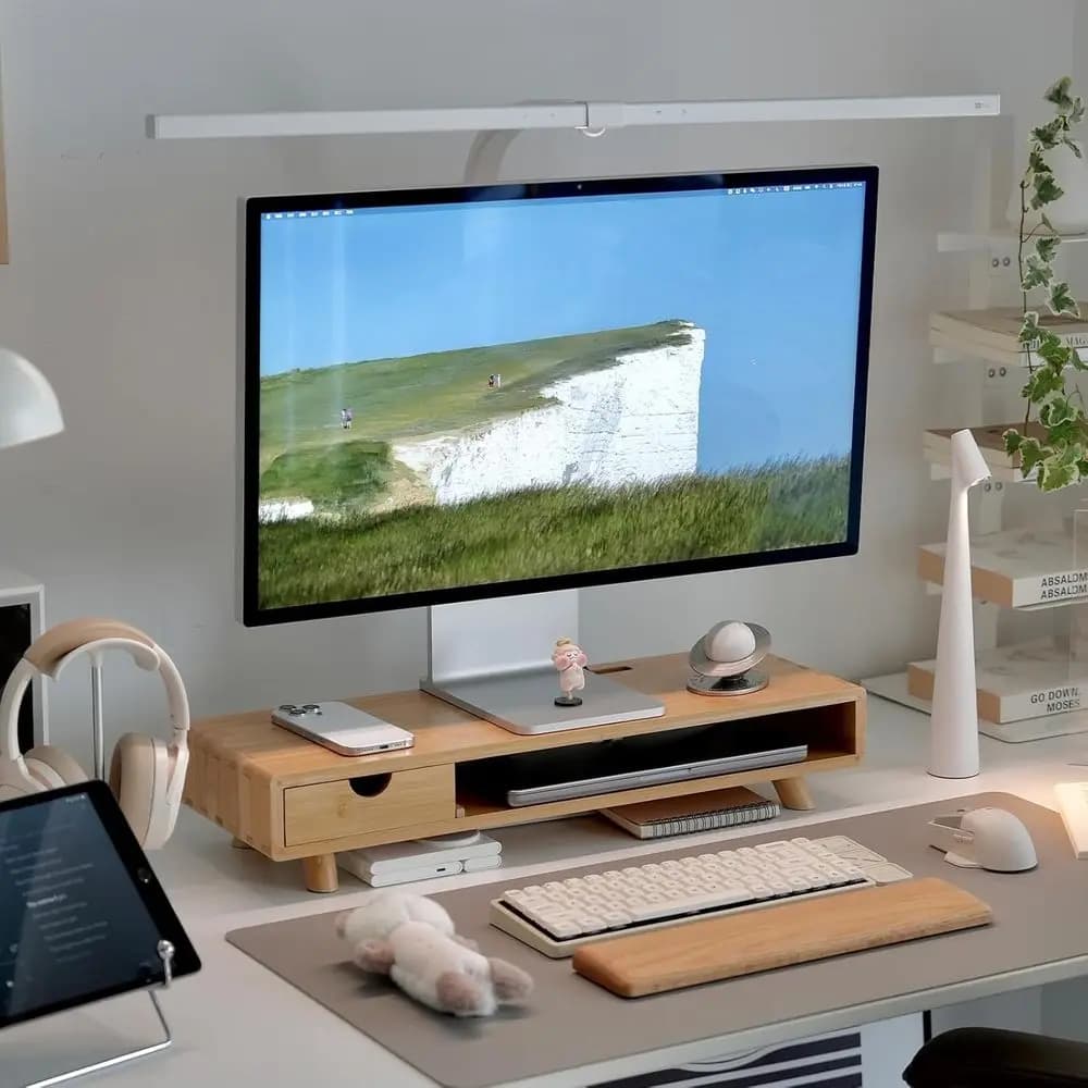 Supporto Ergonomico per Monitor in Bambù con Gestione Cavi e Spazio di Archiviazione per Scrivania da Ufficio Domestico