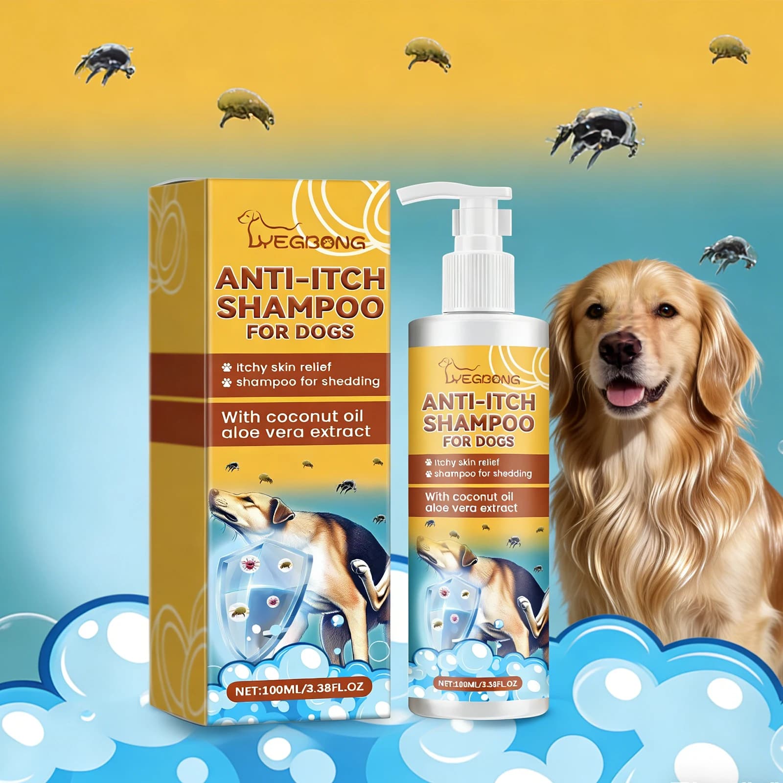 Shampoo per cani Yegbong, detergente delicato, nutriente, ammorbidente, idratante, riparatore della lucentezza, per pelli secche, per cuccioli e cani adulti, uso quotidiano, 100ml