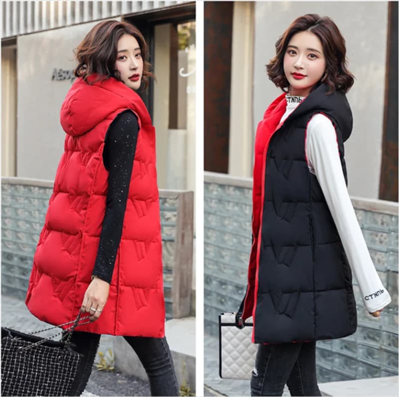 Double Side Vest Korean Slim Hooded Down Cotton Vest Women Waistcoat Sleeveless Jacket 2025 Autumn Winter Jacket Female Coat