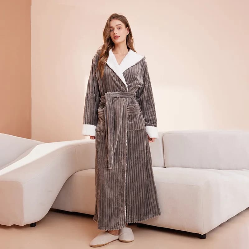 New Thick Long Bathrobe Sleepwear Autumn Winter Warm Flannel Couple Hooded Robe Home Dress Patchwork Coral Fleece Lounge Wear