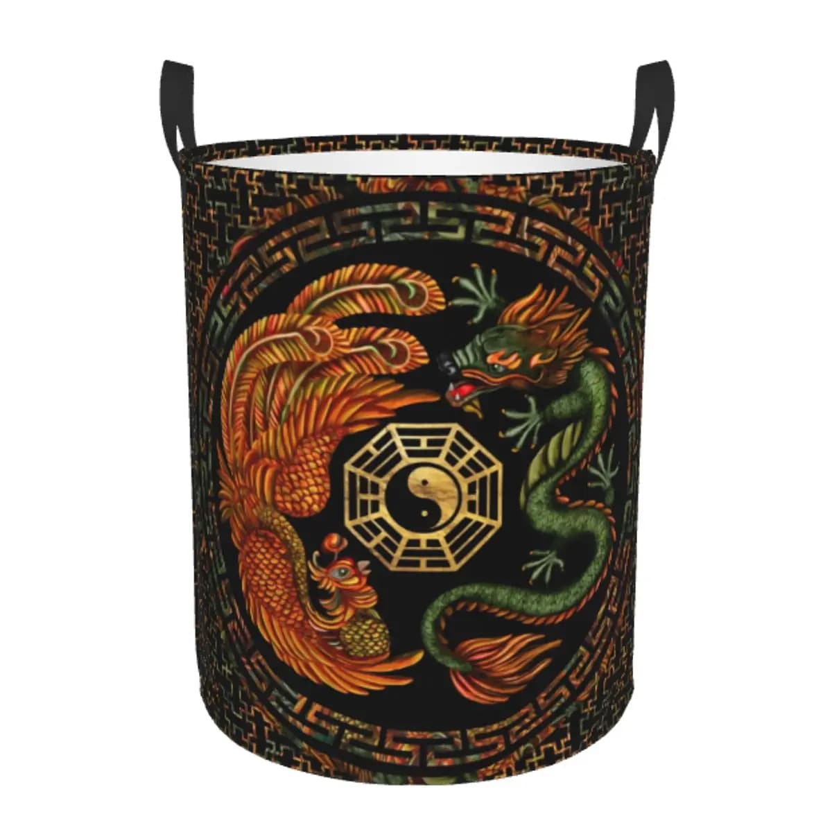 Personalized White Paper Basket with Phoenix and Dragon and Bagua, Chinese Philosophy Yin Yang, Dresser, Toys and Children's Objects