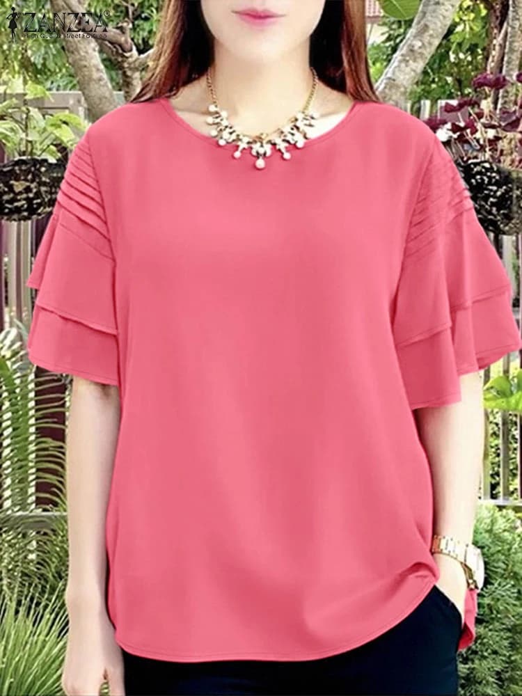 2025 ZANZEA Camicette estive Donna Elegante manica corta Top da lavoro Elegante design a pieghe Camicia da vacanza Casual O Collo Blusas allentati