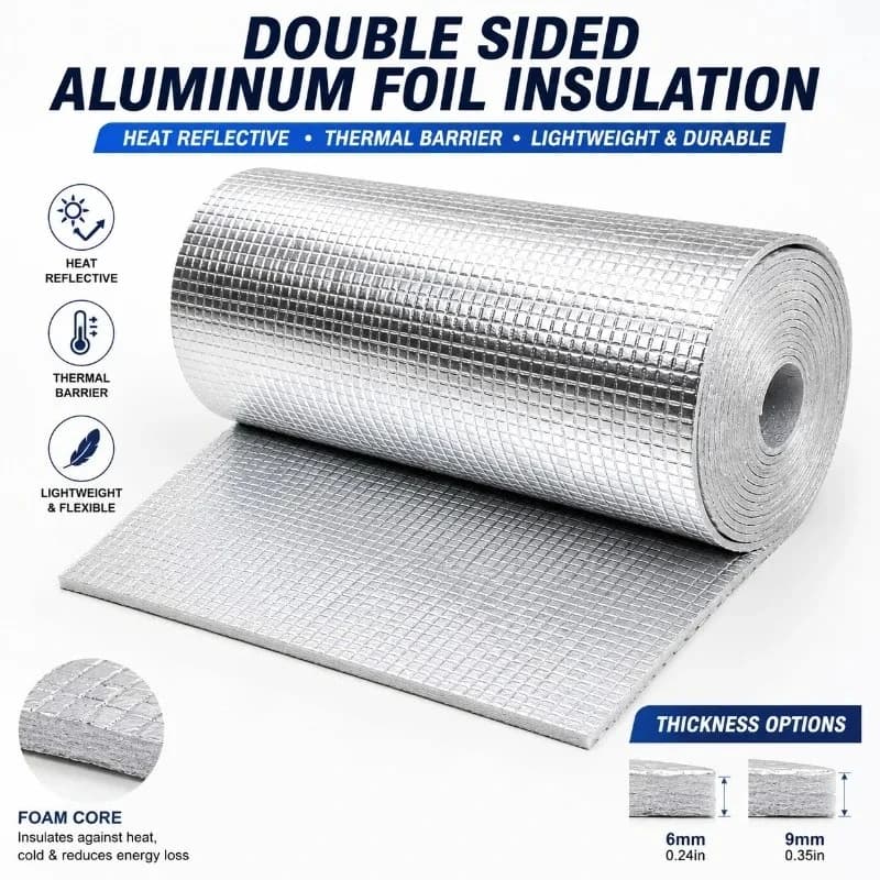 6/9mm Double Sided Aluminum Foil Foam Insulation Roll 50x200cm Heat Reflective Thermal Barrier for Car RV Roof Wall Garage Door
