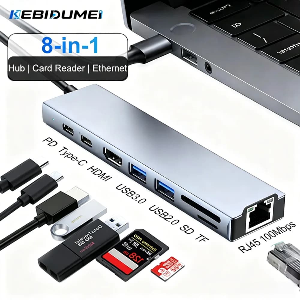 KEBIDUMEI Docking Station USB C a 8 porte Lettore di schede SD TF Adattatore Ethernet RJ45 HDMI 4K PD100W USB3.0 5Gbps per laptop MacBook