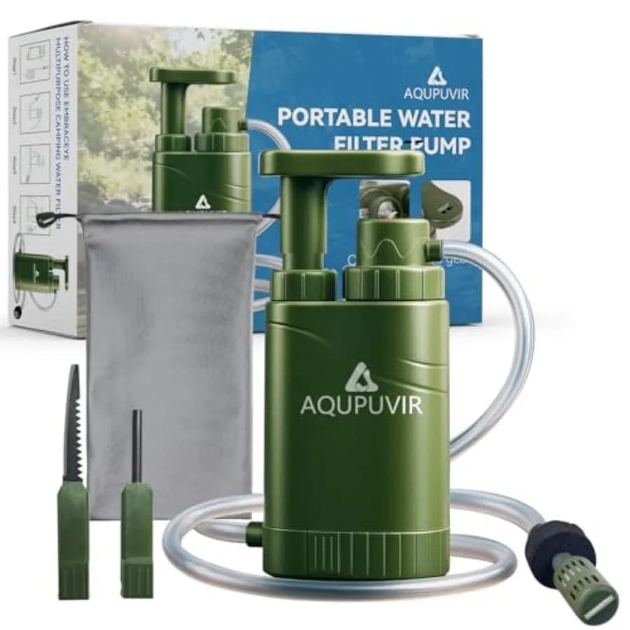Pompa Filtro Acqua Portatile con Filtrazione a 5 Stadi, Filtro a Carboni Attivi da 0,01 Micron, Bussola e Fischietto di Sopravvivenza per Campeggio, Escursionismo, Zaino in Spalla