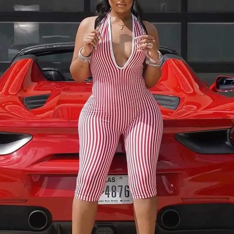 Costume intero da donna Bal Jumpsuit a righe traforato con cintura, vita media, lunghezza a tre quarti, in fibra di poliestere