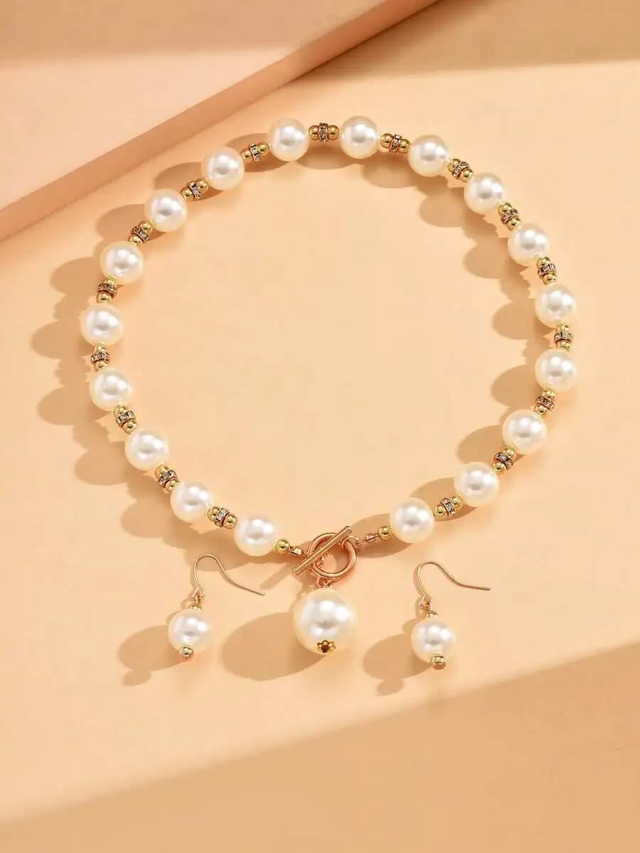 Faux Pearl Decorative Necklace with Matching Drop Earrings Set