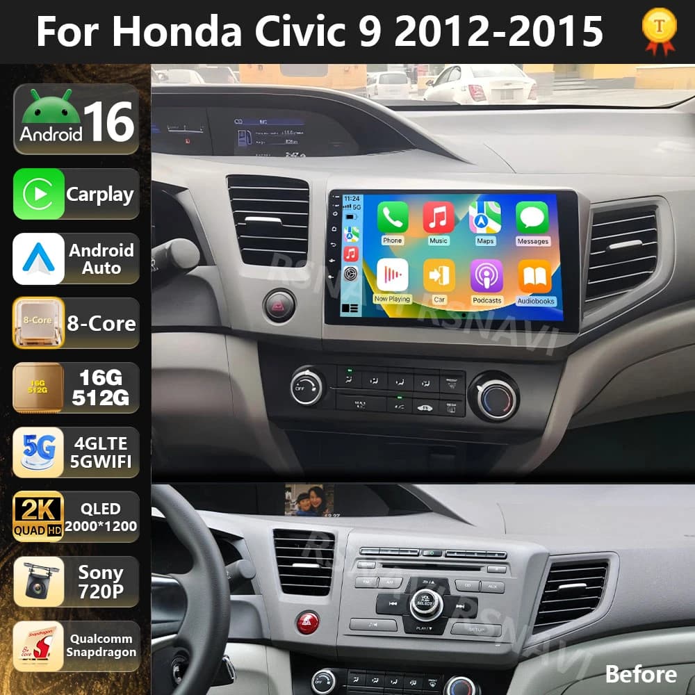 Autoradio Android 15 Qualcomm con Carplay Wireless per Honda Civic 9 2012-2015, GPS, DSP, Navigazione, Lettore BT