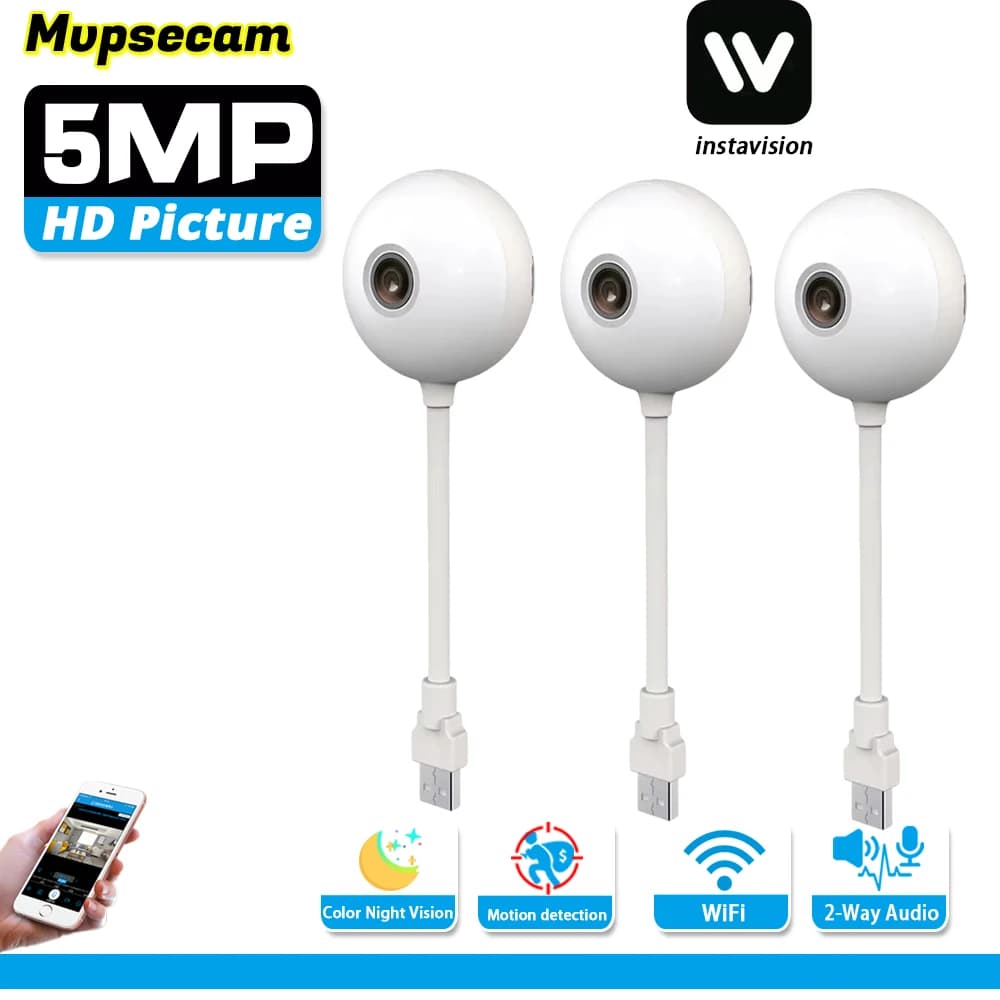 Telecamera WiFi Interna Wireless 5MP Design Lampadina USB Mini con Rilevamento Movimento Audio Bidirezionale Monitoraggio Bambini Protezione Sicurezza