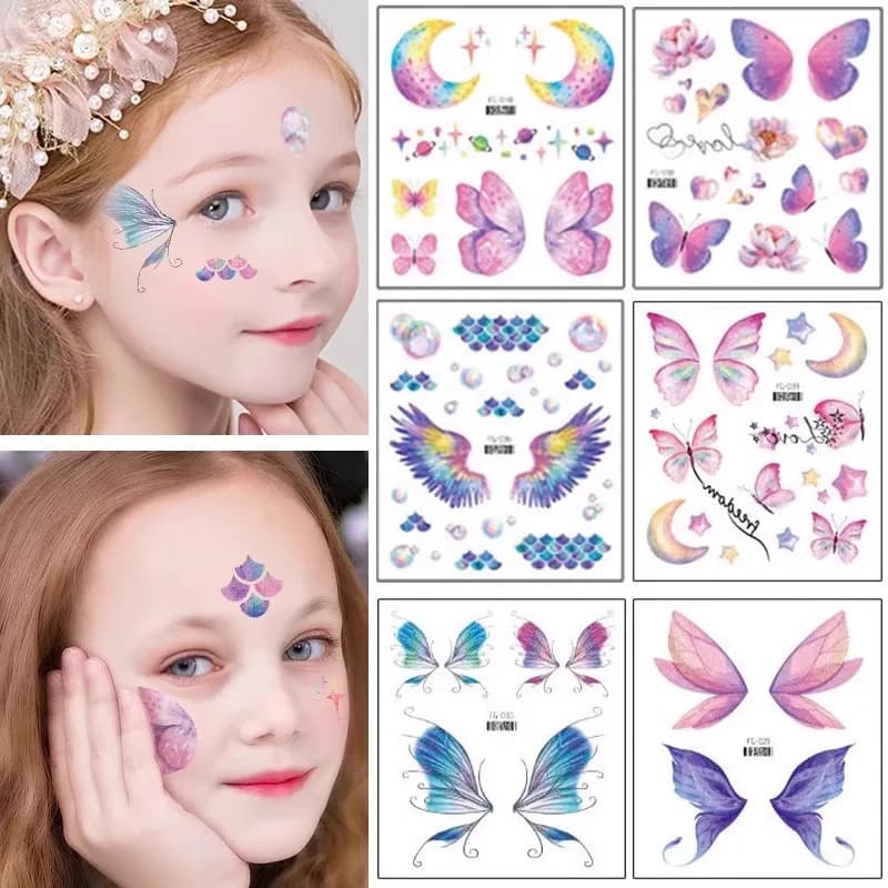Adesivo per tatuaggio lucido con ali di farfalla fata Occhi impermeabili Viso Mano Body Art Tatuaggi finti per donne Accessori per festival di trucco
