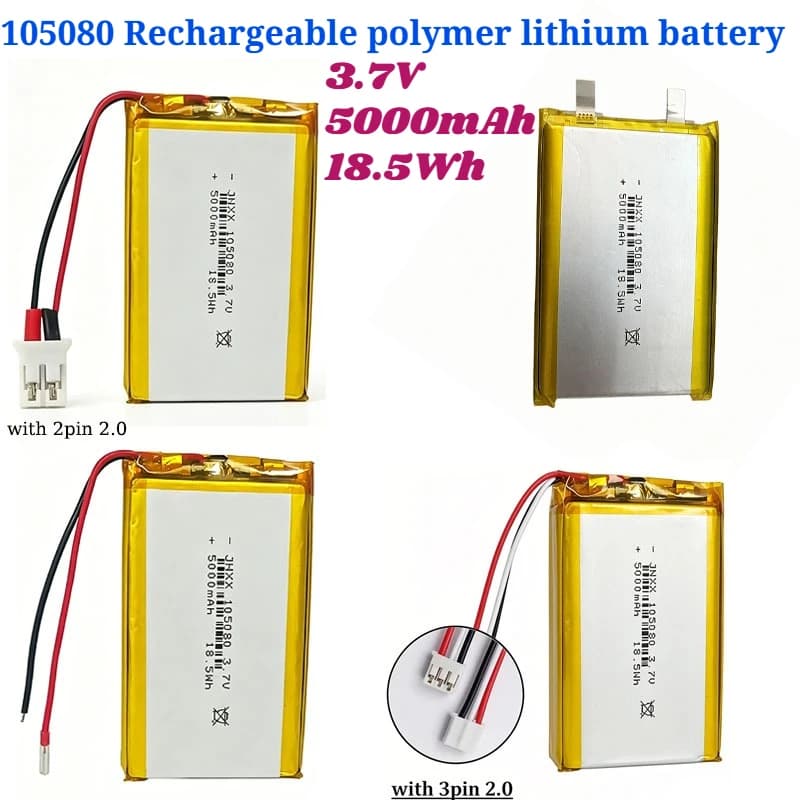 Batteria ricaricabile ai polimeri di litio da 3.7V 5000mAh 18.5Wh 105080 per termistori, dashcam/GPS/LED/power bank/serrature intelligenti