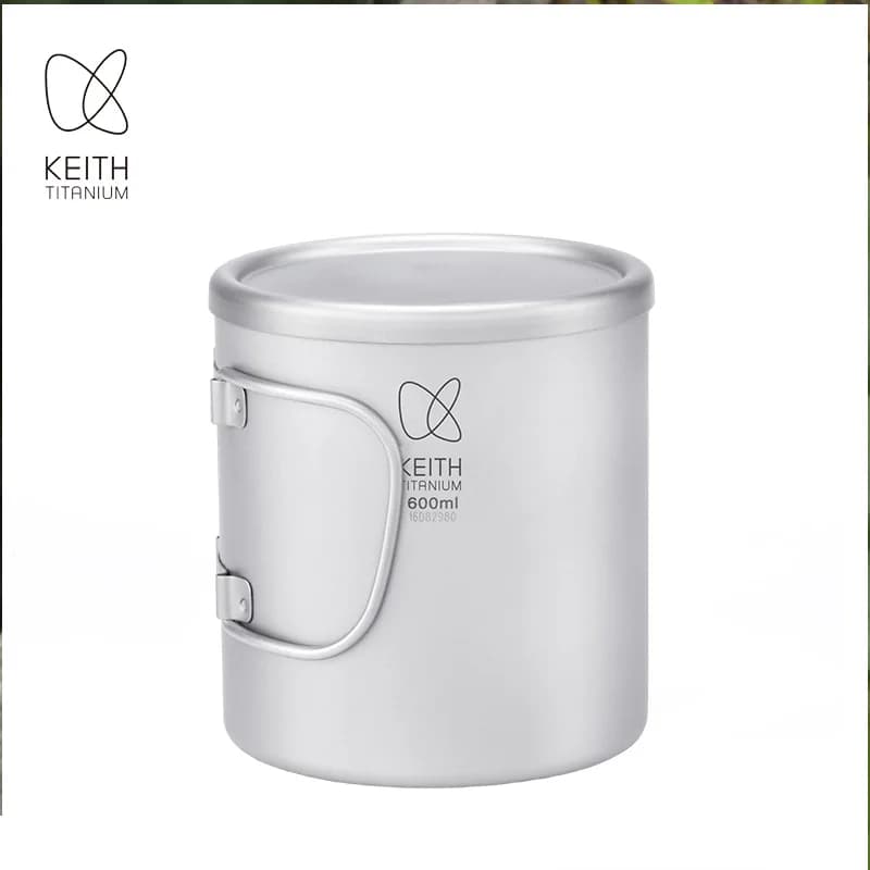 Tazza Keith in Titanio Puro a Doppia Parete Termoisolante con Manico Pieghevole, Tazza Leggera e Portatile per Campeggio, Escursionismo e Viaggi