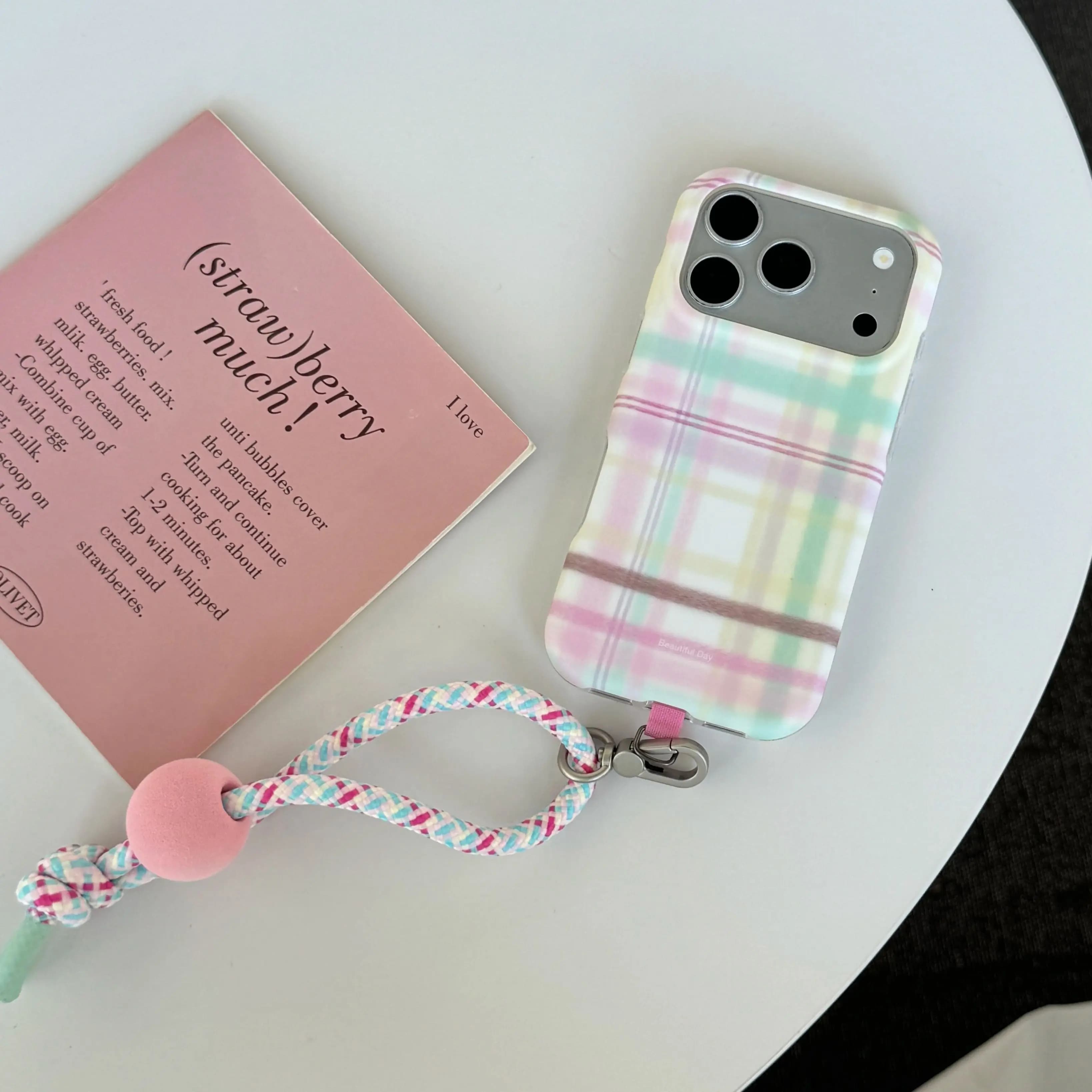 Sweet Fashion Color Collision Checkered Pattern Matte Shockproof Protective Cover Case For iPhone 17 16 15 Pro Max with Lanyard