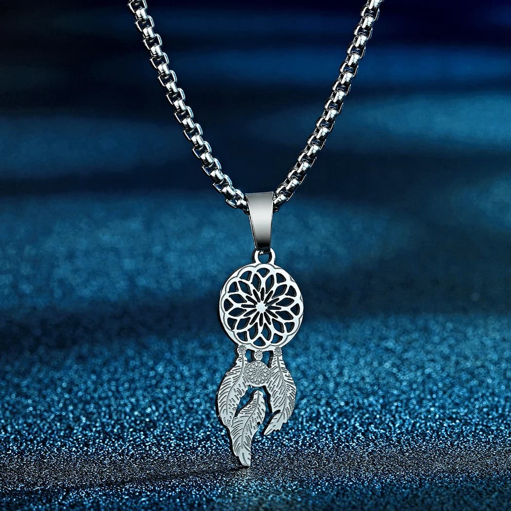 CHENGXUN Boho Dream Catcher Pendant Necklace for Men Women Stainless Steel Hollow Amulet Charm Chain Jewelry Gift