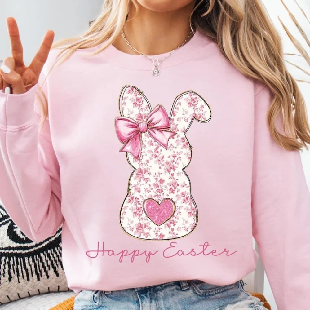 Happy Easter Hoodie Pink Floral Chinoiserie Bunny Cute Hoody Grand Millennial Easter Weatshirt Pink Toile Easter Rabbit Hoodie