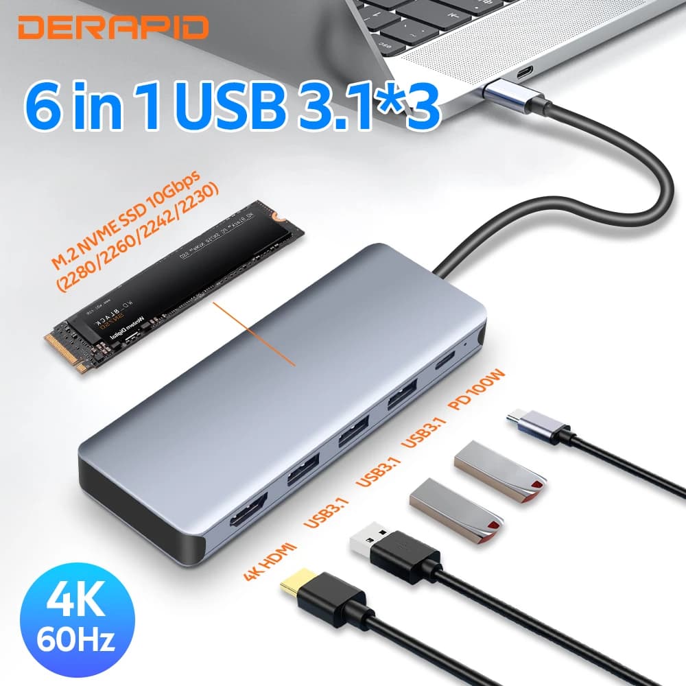 Hub USB 6 in 1 con funzione di archiviazione del disco 10G USB3.1 Type-c a HDMI-compatibile M.2 supporto disco rigido NVME per PC portatile