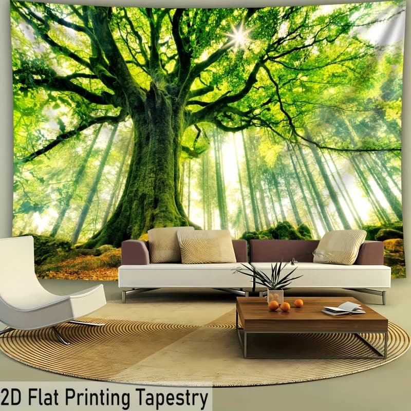 VIKAMA Aesthetic Healing Forest Ancient Tree Tapestry with Sunlight through Woods Wall Art Blanket for Bedroom Living Room Decor