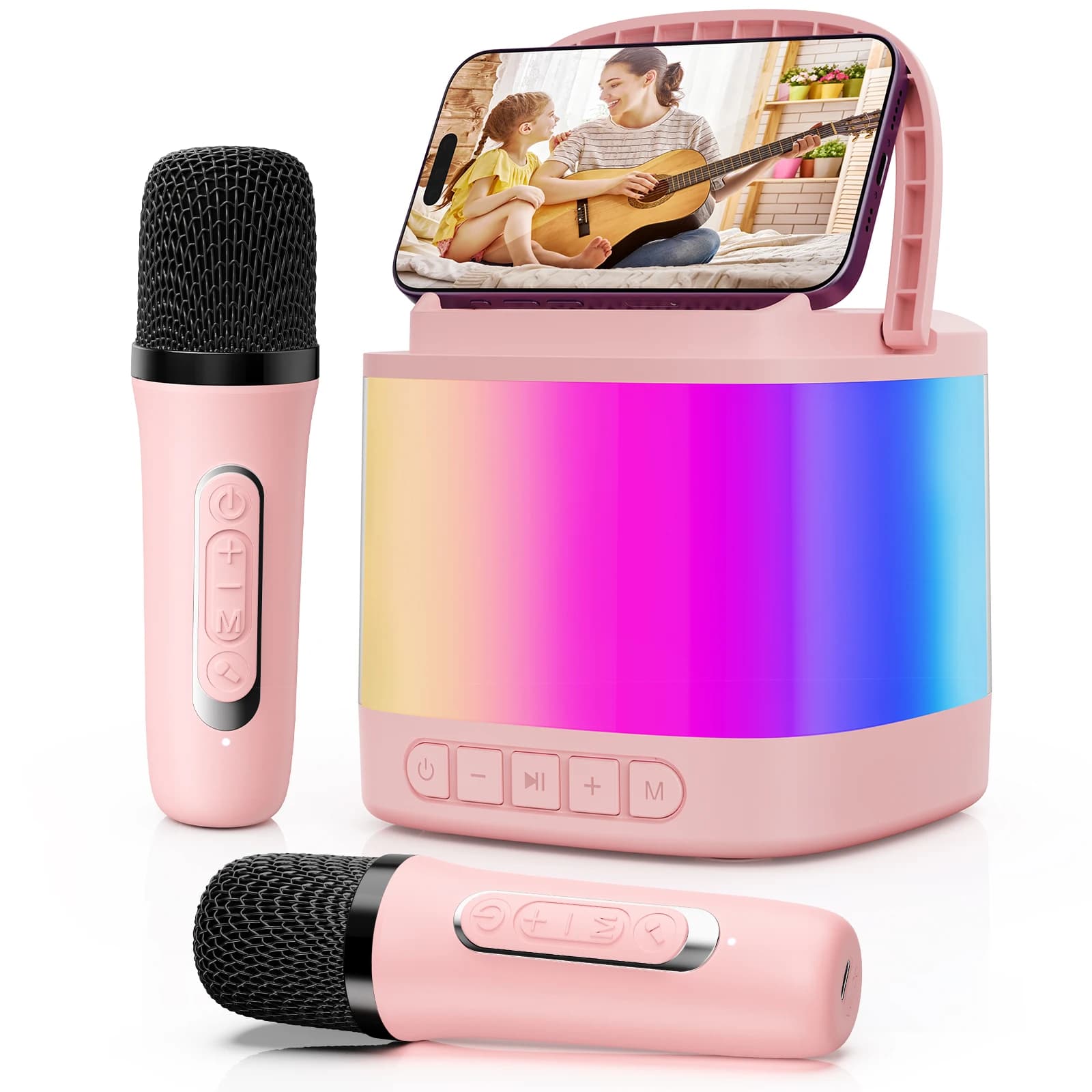 Macchina per Karaoke con 2 Microfoni Wireless per Adulti e Bambini, Sistema Microfonico Wireless Bluetooth 5.3 con Luci LED