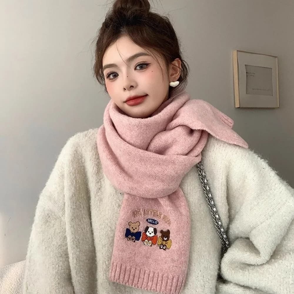 Sciarpa ricamata con orso carino dopamina Donna Antivento Spessa scaldacollo lavorato a maglia Scialle versatile Sciarpe invernali in lana echarpe femme