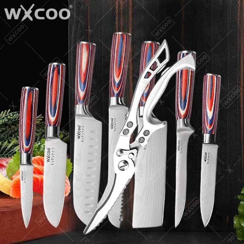 WXCOO NUOVO Coltello da Cucina Damascato per Affettare, Coltello Multiuso in Legno, Trinciante per Carne, Sfilettatore, Forbici per Pane