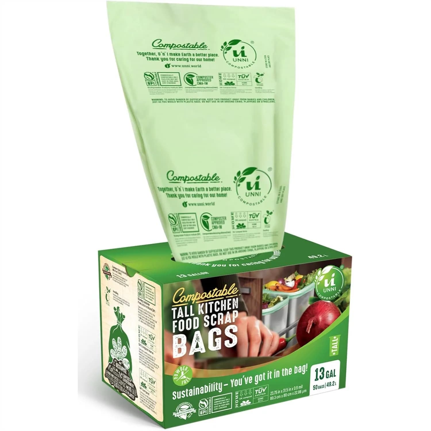 Sacchetti per Rifiuti Compostabili, 13 Galloni / 49,2 Litri, Confezione da 50, Extra Spessi 0,9 Mil, Sacchi per Rifiuti Alimentari da Cucina