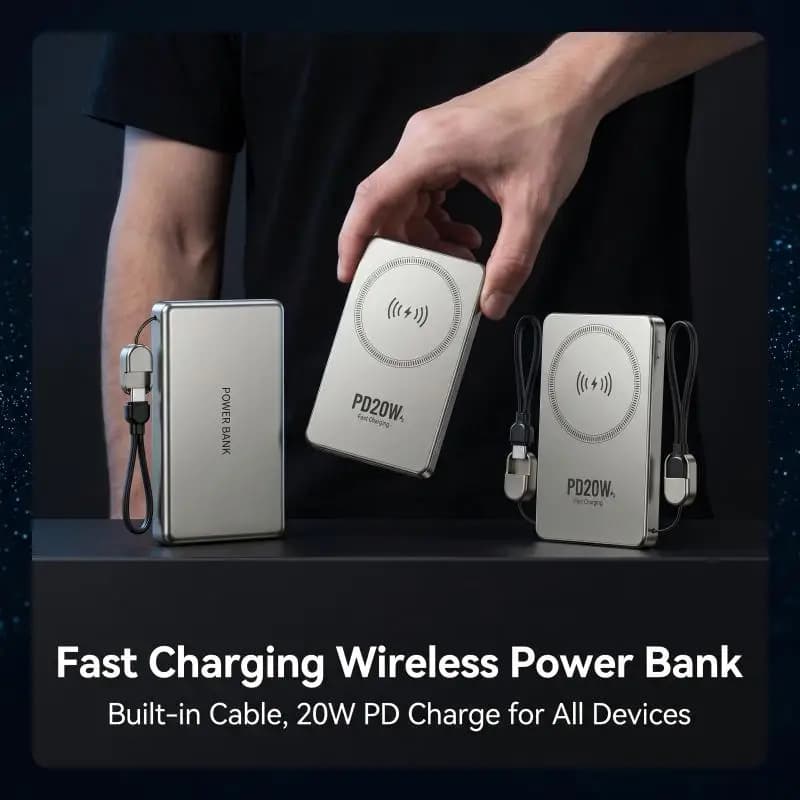 Power Bank Magnetico in Metallo con Ricarica Wireless Veloce e Cavo Integrato, Batteria Esterna Portatile 5Ah 10Ah, Consentito in Aereo