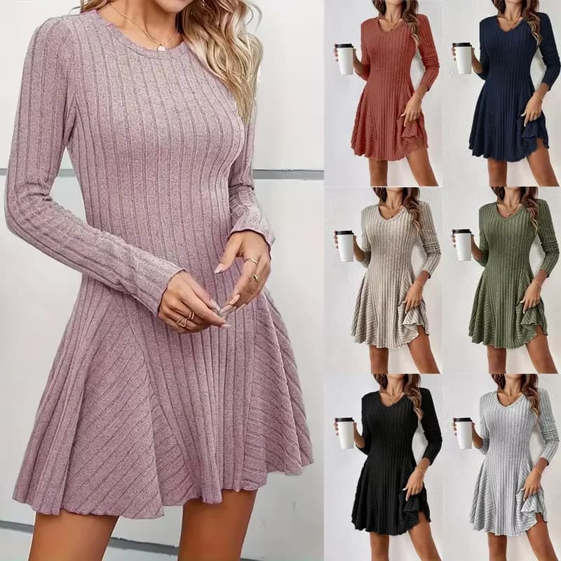 Elegante abito a maniche lunghe con scollo a V lavorato a maglia per le donne Opzioni di gonna corta e grande Stile europeo americano Moda transfrontaliera