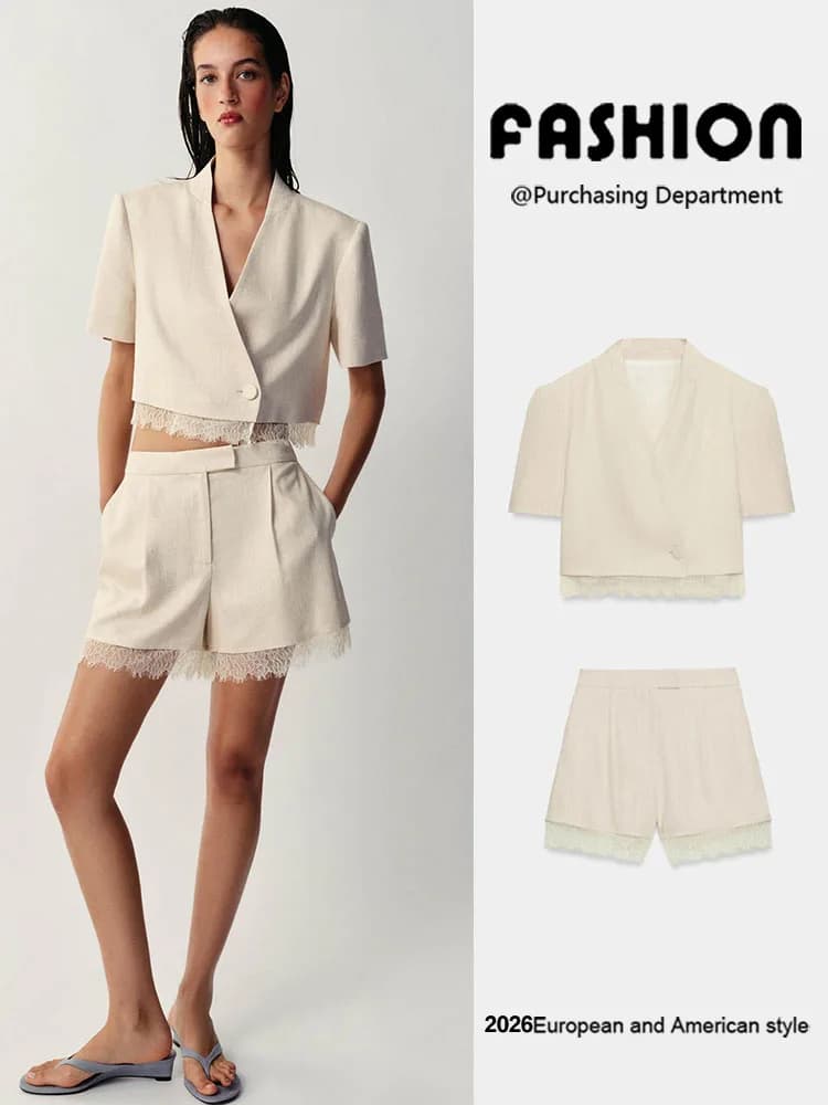 New Summer Women's Suit Jacket Casual Short Pants Set Short Sleeve Fashionable European Style Women's Short Coat
