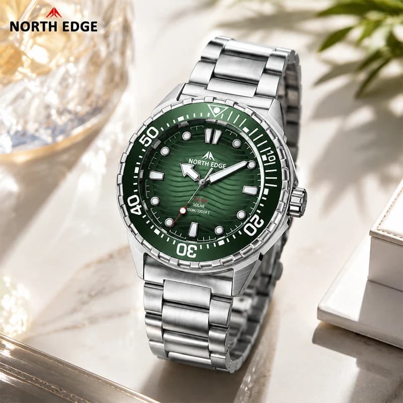 NORTH EDGE TRITON 2026 NEW Solar Powered Dive Watch Men Luxury Quartz Watches For Men 316L Stainless Steel Case Waterproof 300M