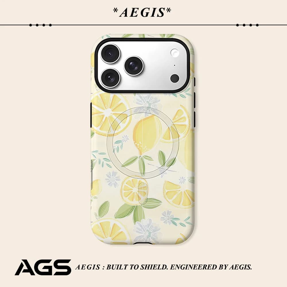 Custodia protettiva Aegis con paraurti per MagSafe magnetico per iPhone 17 16 15 14 Plus 13 Pro Max, in PC rigido, con motivo Limone Acquerello