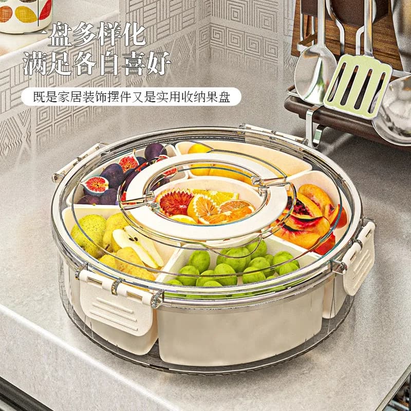 Vassoio girevole a sei punti per frutta con manico, vassoio sigillato a tenuta stagna per frutta secca, contenitore portatile circolare per snack con coperchio