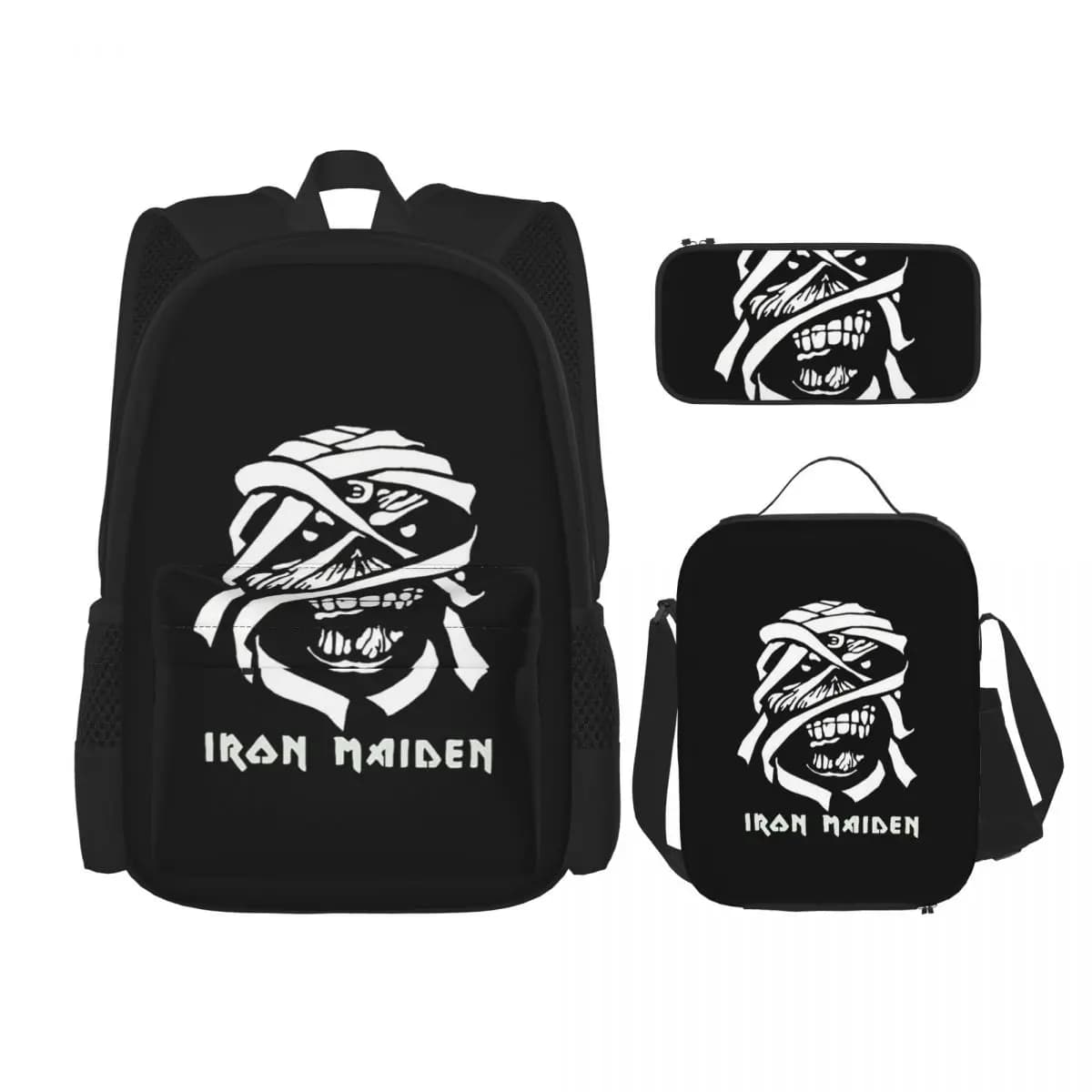 Zaini IronMaidens per Studenti, Set di Tre Pezzi: Borsa per Libri, Zaino Scolastico, Borsa per il Pranzo e Astuccio