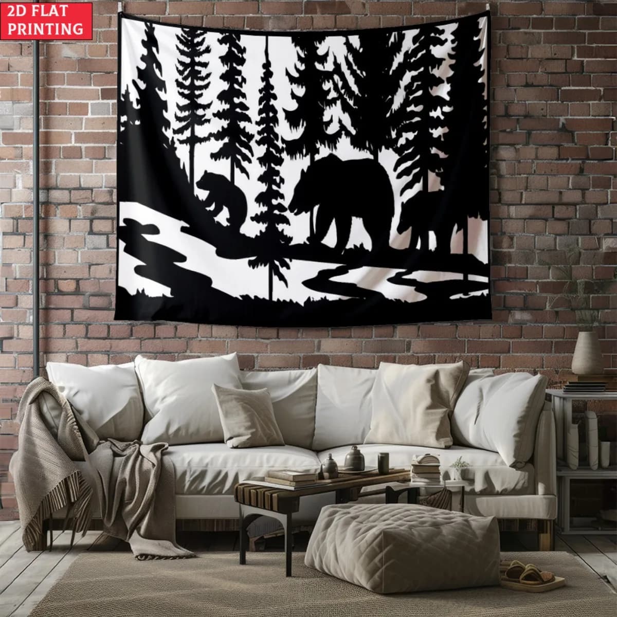unframed Bear forest silhouette black white wall tapestry nature wilderness decor cabin lodge style animal print living room wal