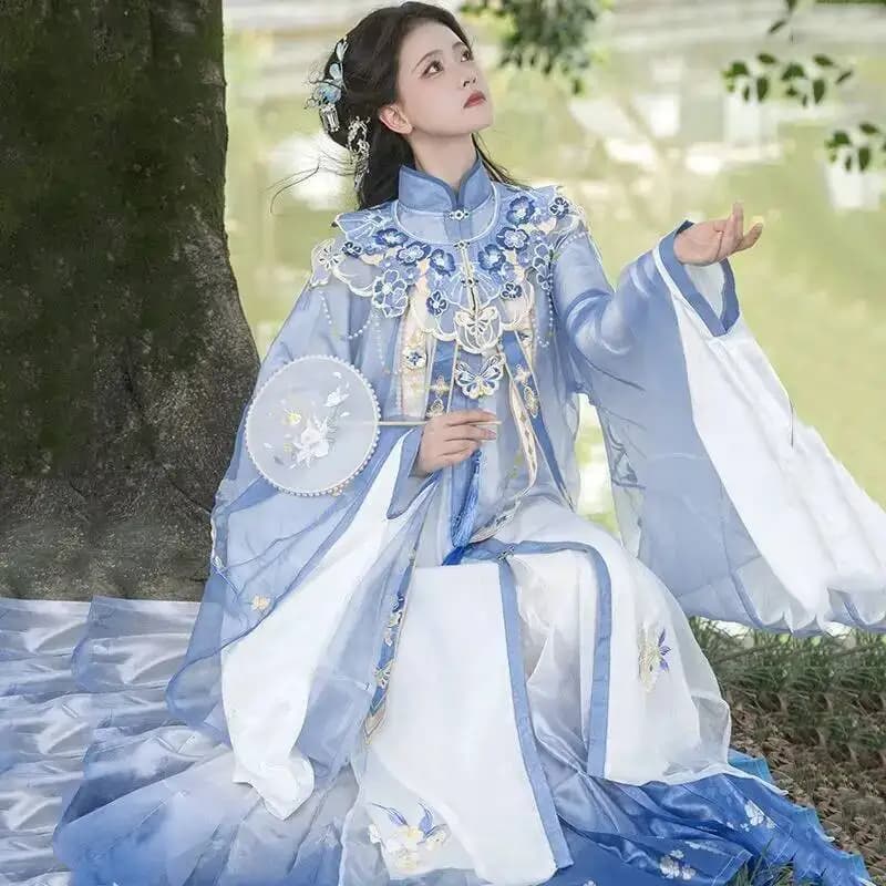 Bimonthly[Lan Jin Luo] Nuova gonna Mamian stile dinastia Ming da donna Hanfu Camicia con colletto alla coreana con spalle scoperte e ricamo pesante per