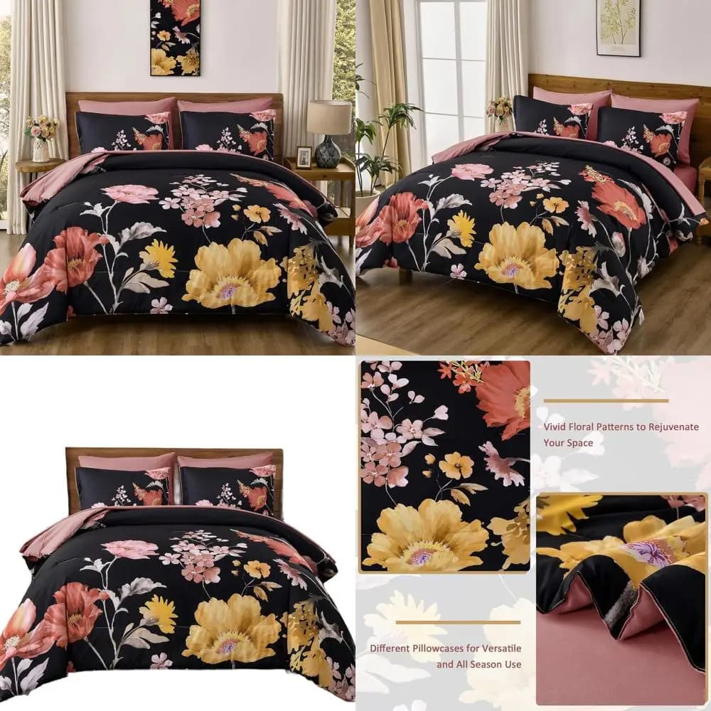 Set of 7-piece down jacket Blush & Black Floral with bed linen and botanical microfiber sheets, 90x90 bed for all seasons in a bag