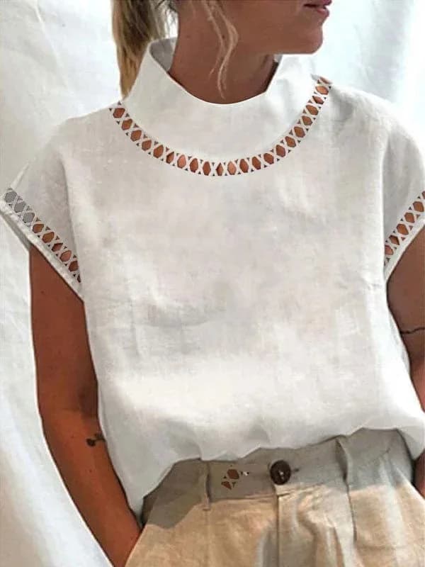 Camicetta Elegante da Donna con Pizzo Intricato, Top Confortevole a Collo Alto, Traspirante, Simil-Lino, Leggera per l'Estate