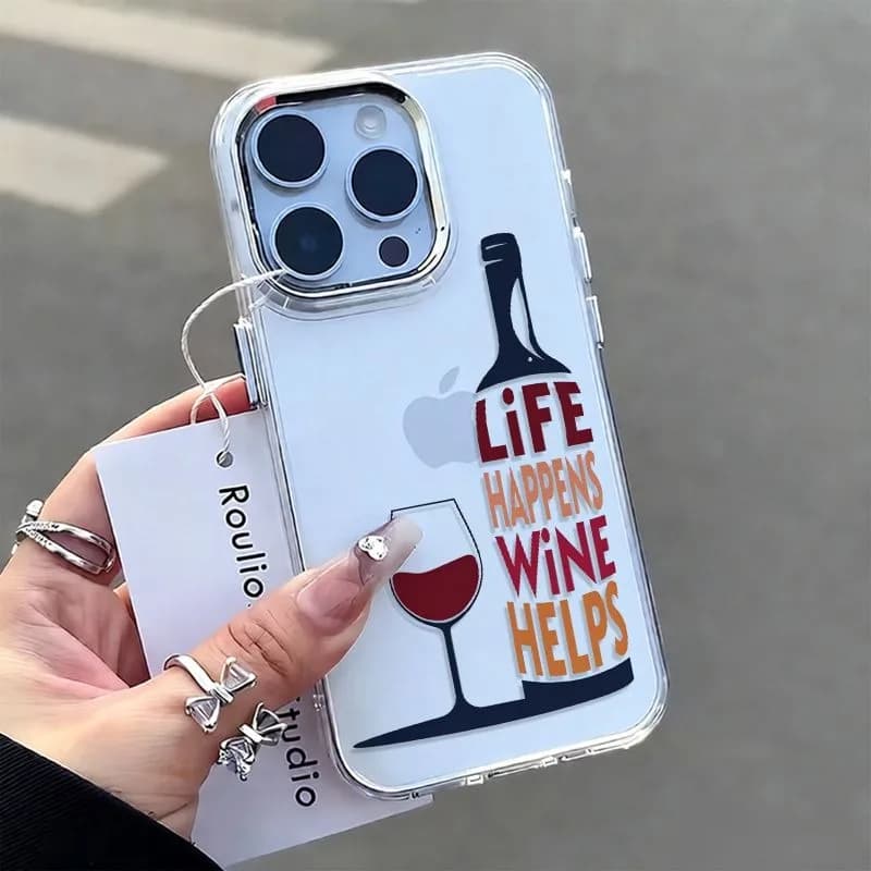 White Life Happens Wine Helps Bottle Glass Design Phone Case For iPhone 17 Air 16 11 12 13 14 15 Pro Max XS X XR 7 8 Plus Cover