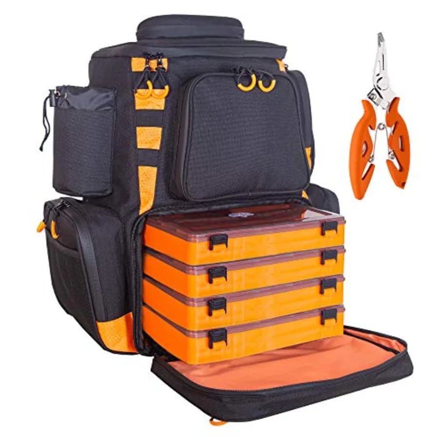 Waterproof Fishing Backpack with Rain Cover, Includes 4 Tool Boxes, Stainless Steel Fishing Grips and Lr