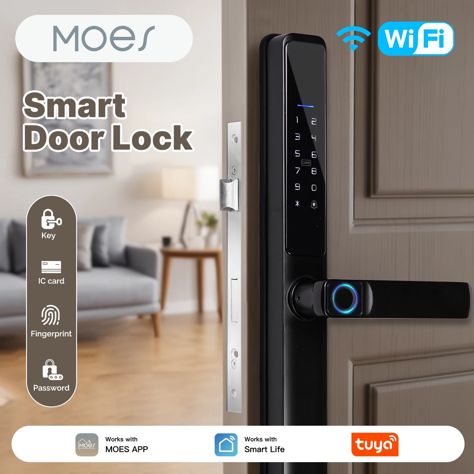 Serratura Elettronica Intelligente MOES Tuya WiFi per Interni con Sblocco Remoto Tramite Impronta Digitale, Password, Scheda IC, Alimentata a Batteria per Hotel e Appartamenti