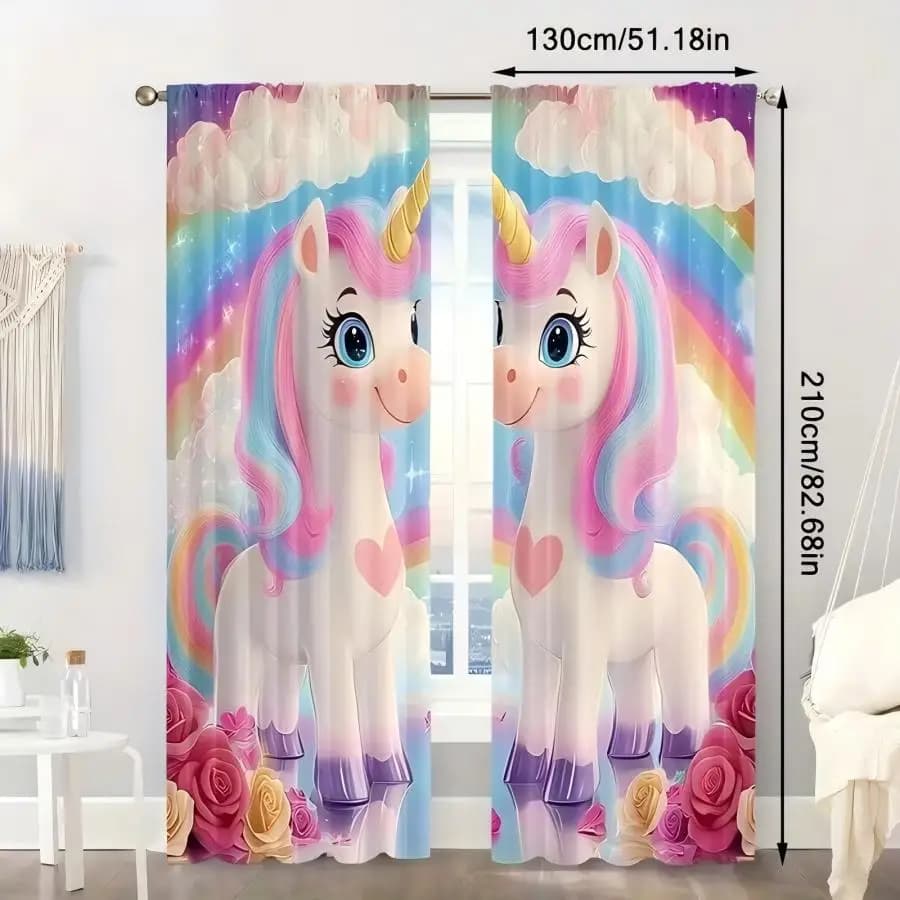 2PCS Digital Print Curtain, Rose Unicorn Fantasy Floral Magic, Romantic Whimsical for Living Room Bedroom Kitchen Decor