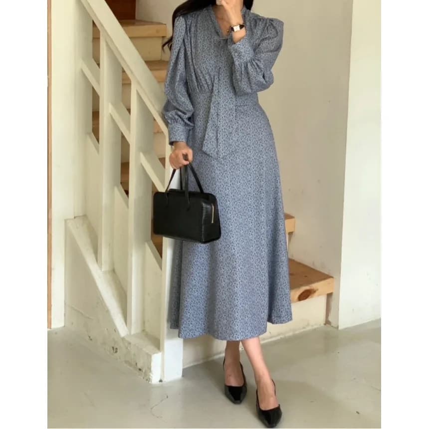 Retro Floral Print Halter Neck Draped Belt Bubble Sleeve Women's Dress Spring New Style Waist Inward Straight Tube Skirt