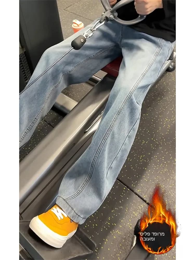 American Style Ins High Street Knife Jeans Men Spring Trendy Fleece Lined Sports Loose Straight Leggings