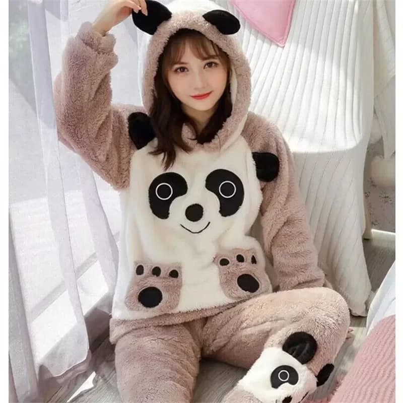 2026 New Coral Fleece Warm Women Pajamas Thickening Hooded Long Sleeve Women 2 Piece Outfit Set Cute Printing Women Home Clothes