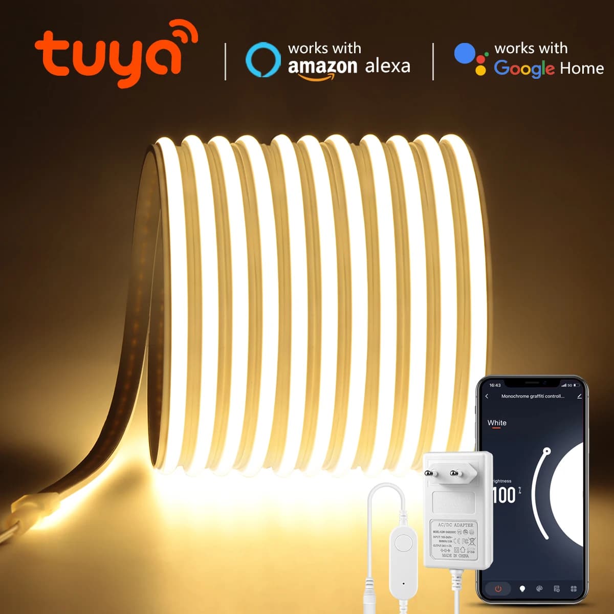 Lampada dimmerabile con controllo APP Tuya Smart Life WIFI 24V, striscia LED in silicone di alta qualità 280 LED / m più luminosa dell'altra striscia di luce al neon