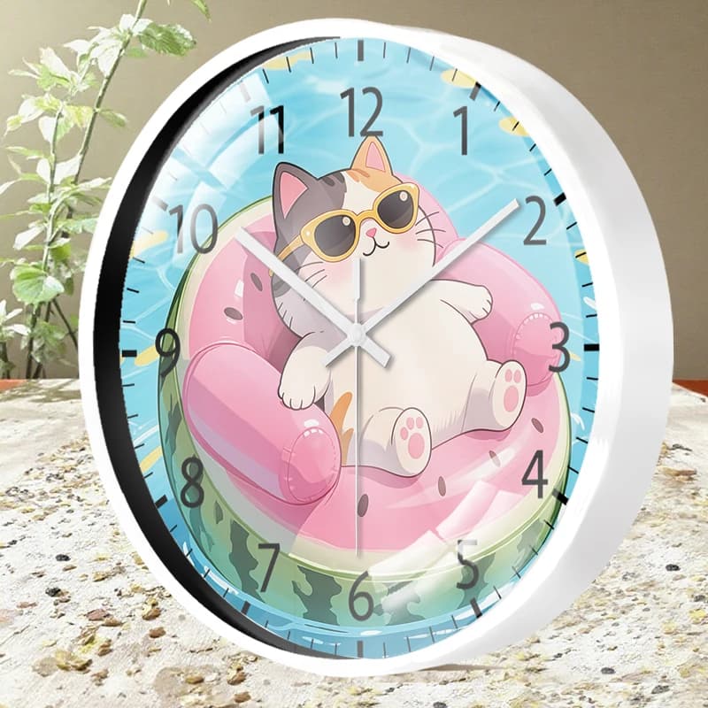 Silent round wall clock to hang at kitten, suitable for living room, school, study room, bedroom, children's gifts