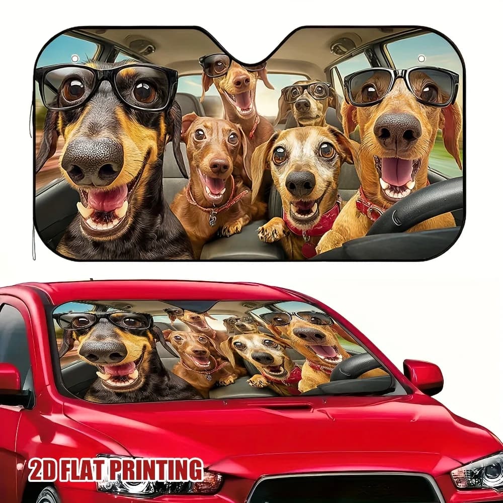 1pc Dachshund Dogs In Car With Fashion Glasses Universal Fit Sunshade For Car Windshield, Unique Design To Elevate Your Vehicle'