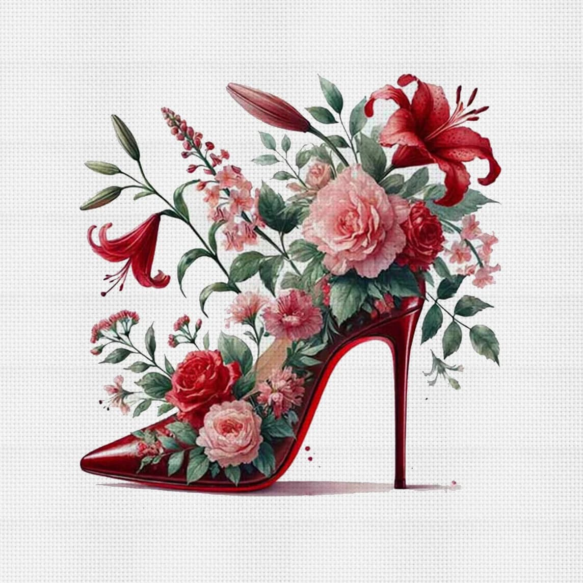 Kit Punto Croce Fai da Te 11CT con Motivo Fiore Rosso e Tacco, Materiale per Ricamo Decorazione Murale Casa, Regalo Fatto a Mano, Semilavorato Senza Cornice 36×36cm