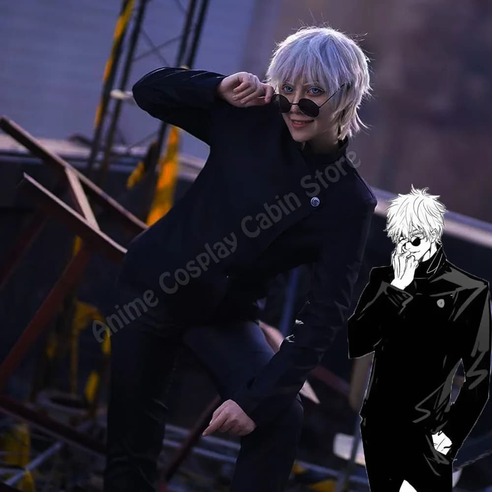 Halloween Anime Jujutsu Kaisen Season 2 Satoru Gojo Cosplay Costume Wig Gojo Satoru Cosplay Suits High School Uniform Sunglasses
