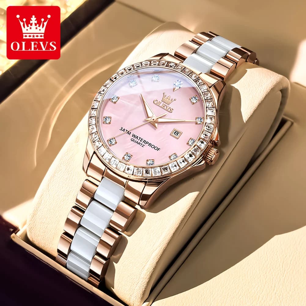 OLEVS Orologio da donna Elegante cinturino in acciaio ceramico di lusso con lunetta in diamanti Orologio da polso al quarzo originale con calendario luminoso impermeabile