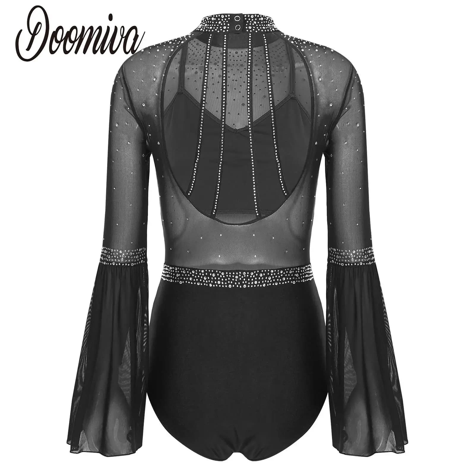 Costume da pattinaggio di figura con maniche svasate da donna Strass lucidi Maglia da ginnastica ritmica Body da ballo Unitard Body da prestazione